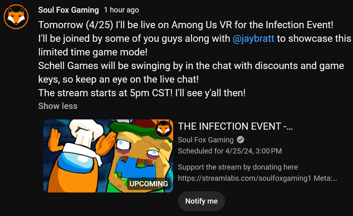 TOMORROW!! @SoulFoxGaming some of YOU and I are in Among Us VR to check out the Infection Event!! Make sure and swing by: youtube.com/@jaybratt Watch for drops from @schellgames too! #VR #Amongus #Quest3