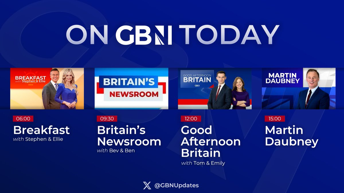 Getting closer to the weekend now! On @GBNews today: 🔴 6am: Breakfast with @elliecostelloTV and @StephenGBNews 🔴 9:30am: Britain's Newsroom with @beverleyturner and @benleo444 standing in 🔴 12pm: Good Afternoon Britain with @CarverEmily and @tomhfh 🔴 3pm: @MartinDaubney