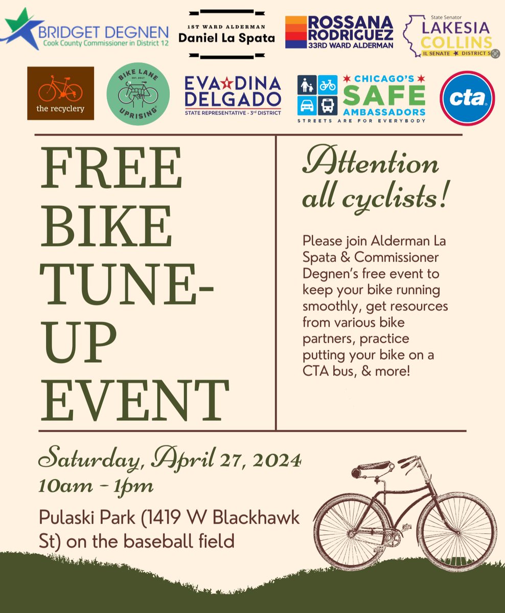 If you haven’t heard…THIS SATURDAY my office and @AldermanLaSpata are hosting a free bike tuneup event featuring bike safety tips, biking in Chicago info AND you can learn how to use the CTA bus bike racks!! Walk ins are welcome, space permitting! See you there🚲🚲🚲