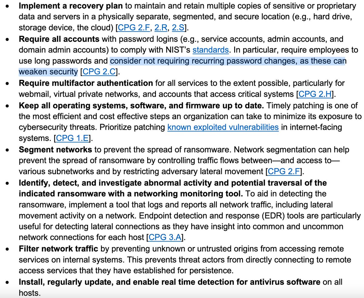 Cybersecurity advisory from FBI and @ncsc_nl to counter ransomware activity (in this case “Akira Ransomware”), in pursuit of NIST advice: don’t require users to *periodically* change passwords. cisa.gov/sites/default/…