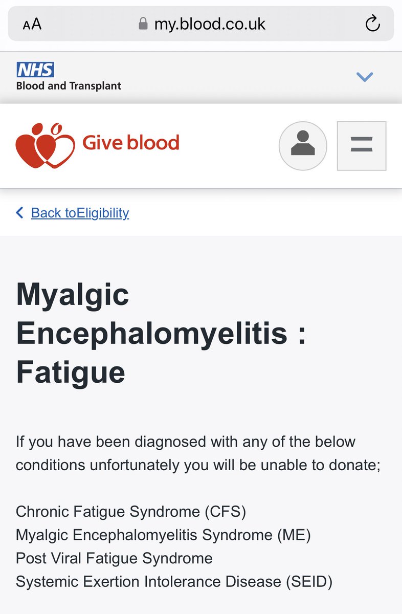 Did you know that @GiveBloodNHS say that people like me can’t donate blood?

 #MEAwarenessHour #pwME #MEcfs #MedicalTwitter #MedicalX