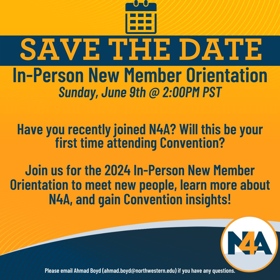 🟡Have you recently joined N4A? or 🟡Will this be your first time attending Convention? If the answer is yes, join us for the 2024 N4A Convention In-Person New Member Orientation on Sunday, June 9th at 2:00pm PST! DM us for the link to the sign-up form ✨