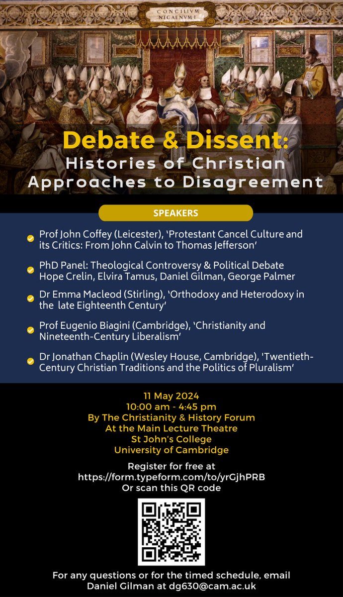 Speakers include: Prof John Coffey, Dr. Jonathan Chaplin, Dr. Emma Macleod, and Prof Eugenio Biagini, and more! Saturday, 11 May 2024 at St John's College, Cambridge. Here's our poster with some of the talk titles. Hope you can make it!