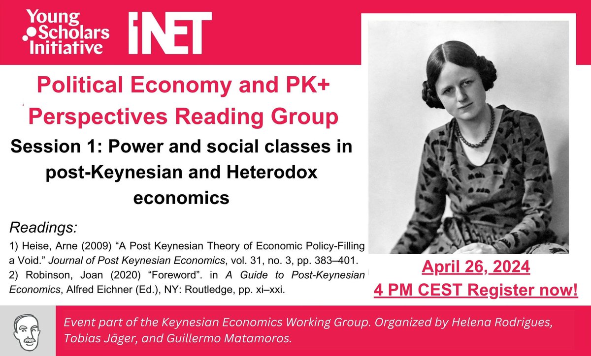 Hey @ysi_commons community! We’re discussing #power in PK and heterodox economics this #Friday 26 as part of our PE&PK+ #reading group! Please #register and #share here: ysi.ineteconomics.org/event/politica… Thank you! @INETeconomics 👀 The great #JoanRobinson is part of our reading list!