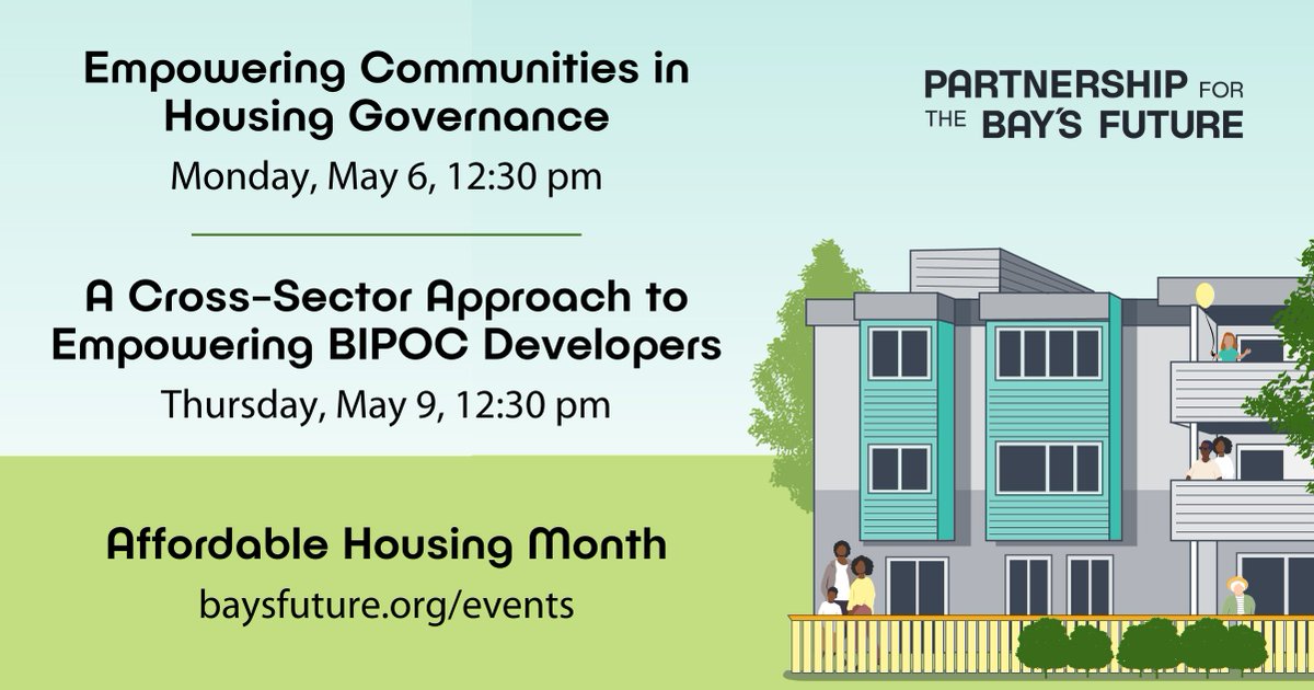 Dive into equitable solutions with us this #AffordableHousingMonth.
– 5/6 – Join us & @hlc_sanmateo for Empowering Communities in Housing Governance.
– 5/9 – Join us & @SPUR_Urbanist for A Cross-Sector Approach to Empowering BIPOC Housing Developers. baysfuture.org/events