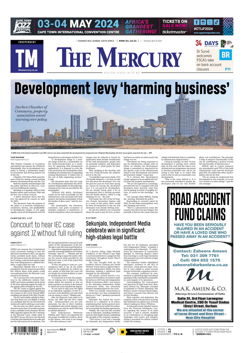 Inside The Mercury today: * Concourt to hear IEC case against JZ without full ruling * Political parties unpack KZN’s hot button issues * Employers face scrutiny over pensions iol.co.za/mercury