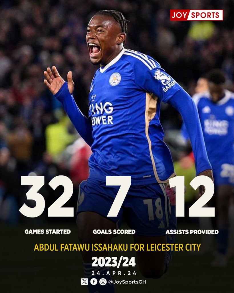 🇬🇭 Abdul Fatawu Issahaku’s season is getting better and better. Showing up for Leicester City at a crucial moment in their season. #JoySports