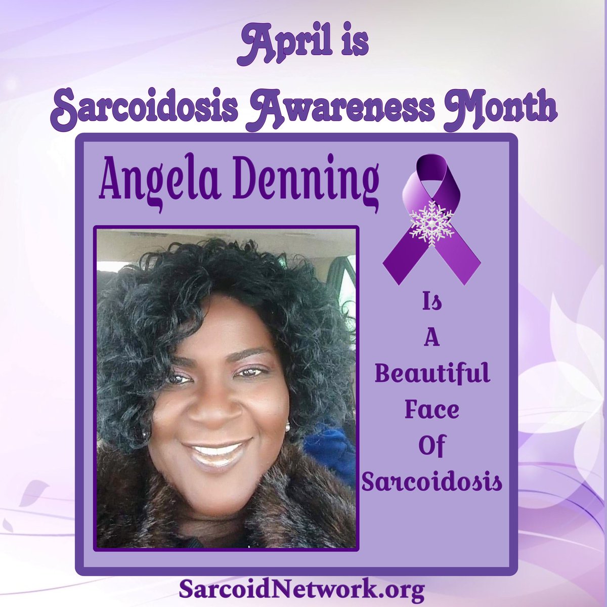 This is our Sarcoidosis Sister Angela Denning and she is a Beautiful Face of Sarcoidosis!💜

#Sarcoidosis #raredisease #patientadvocate #sarcoidosisadvocate #beautifulfacesofsarcoidosis #sarcoidosisawarenessmonth