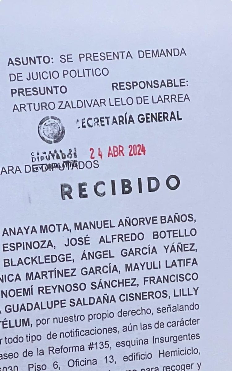 #ALMOMENTO | Senadores del PRI y PAN presentaron en la Secretaría General de la Cámara de Diputados, una demanda de juicio político en contra del ministro en retiro Arturo Zaldívar