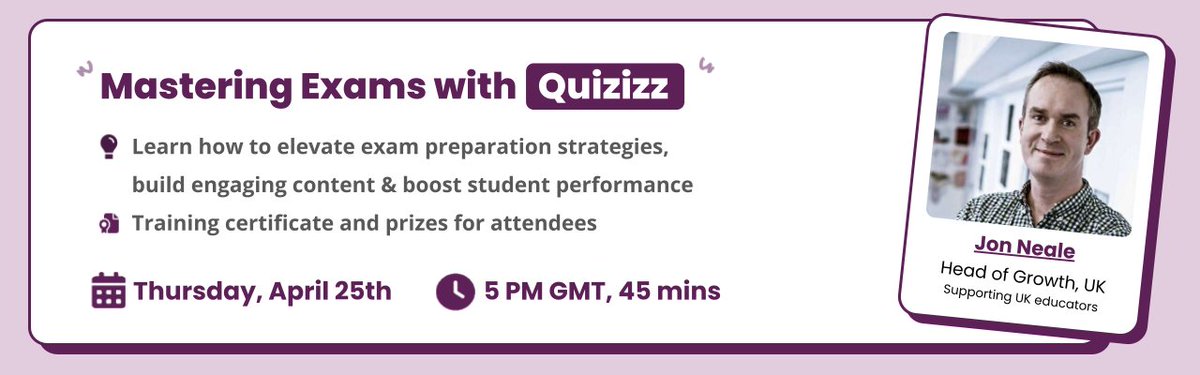 Calling all UK educators! 🇬🇧 --- Join me for a webinar where we'll explore how to use @Quizizz to make exam revision engaging, effective, and time-saving! --- Date: April 25th, 2024; Time: 5:00 PM Sign up here: zoom.us/webinar/regist…