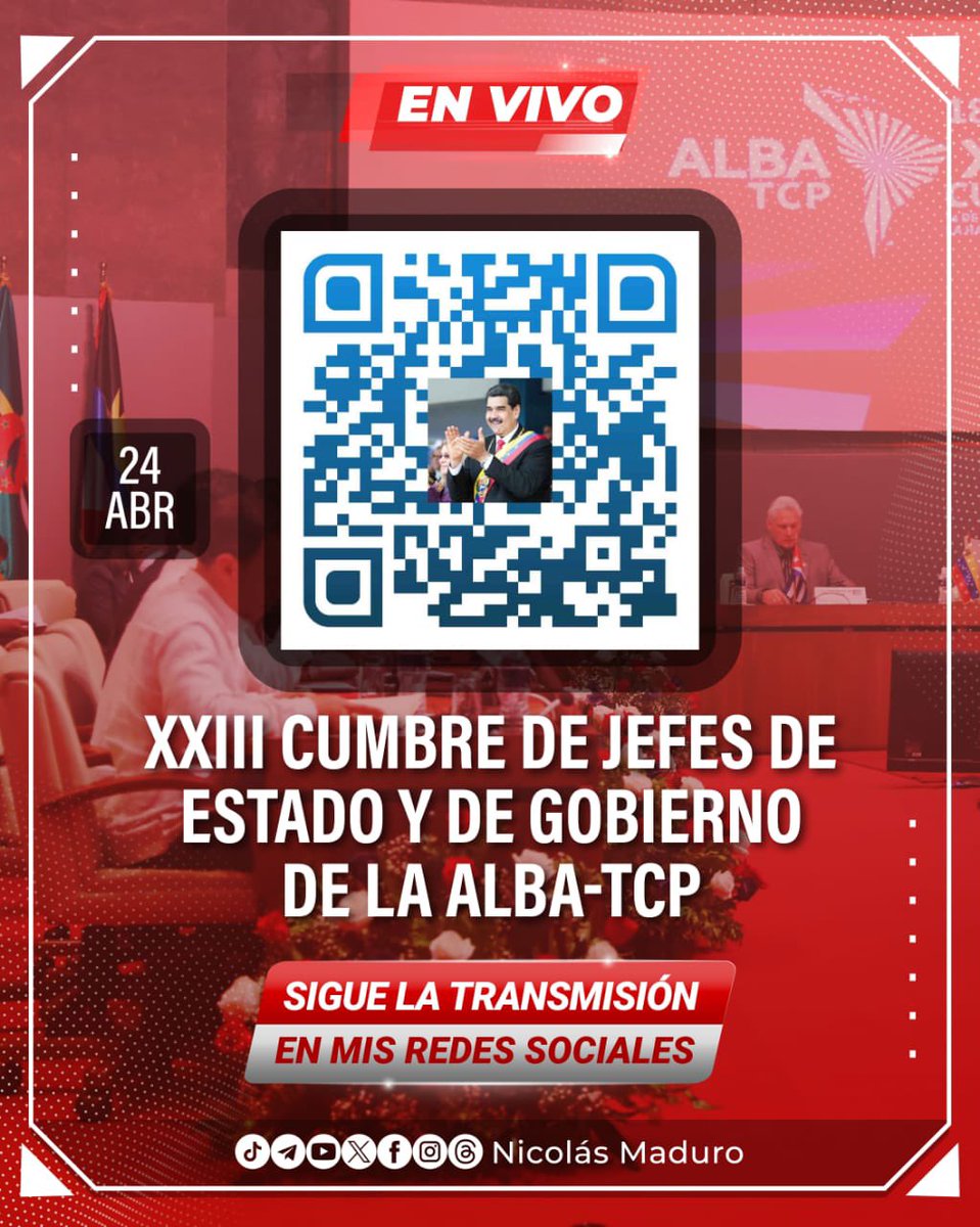 ⭕ Este Miércoles #24DeAbril 🇻🇪

🎥 Actividad Presidencial 👨🏻

Nuestro Presidente <a href="/NicolasMaduro/">Nicolás Maduro</a> transmite la XXIII Cumbre de Jefes de Estado y de Gobierno de la ALBA-TCP

Míralo ahora siguiendo este enlace➡ linktr.ee/nicolasmaduro