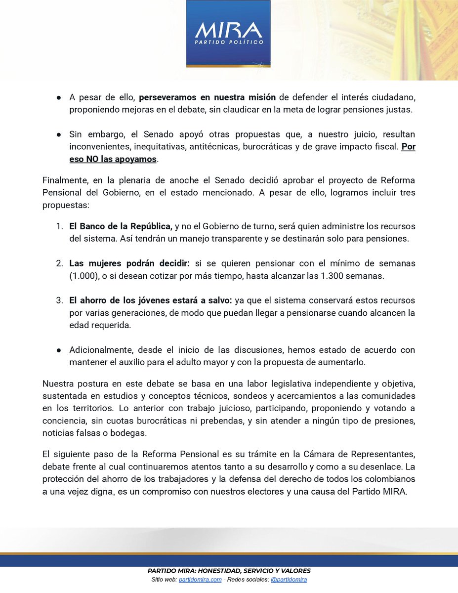 PartidoMIRA's tweet photo. Comunicado:

El Partido MIRA no apoyó Reforma Pensional del Gobierno, pero sí aportó propuestas para mejorarla

@Virguez @AnaPaolaAgudelo @carlos_guevara @irmalherrera @PartidoMIRA https://t.co/ZKyNkI2Uyj