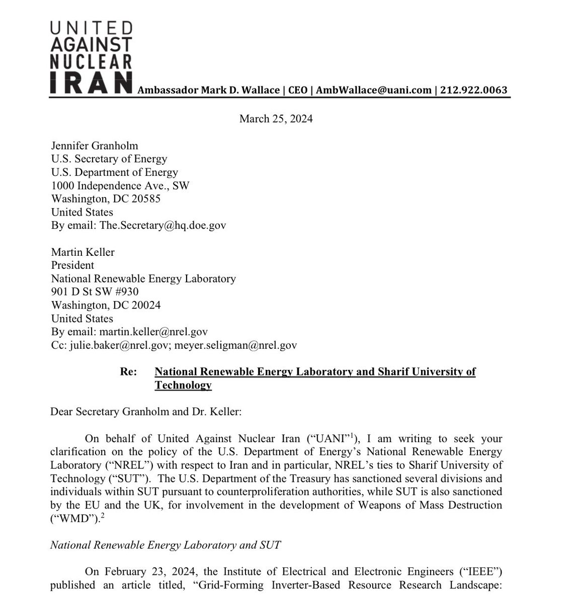 Letter (p.1) sent by @UANI March 25. It's astonishing how many collabs still take place between western and sanctioned Iranian universities.