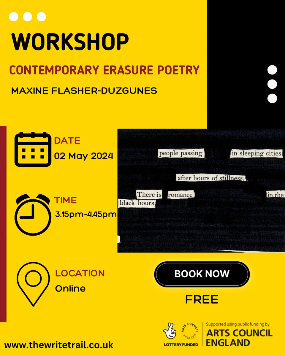 📣We have a fantastic line up of #writing #workshops starting next week! First up is Contemporary Erasure Poetry+it is FULLY BOOKED. See ⬇️ 

Those wishing to attend can add their name to the waitlist: 
thewritetrail.co.uk

#ACESupported #London #LetsCreate #CreativeHealth