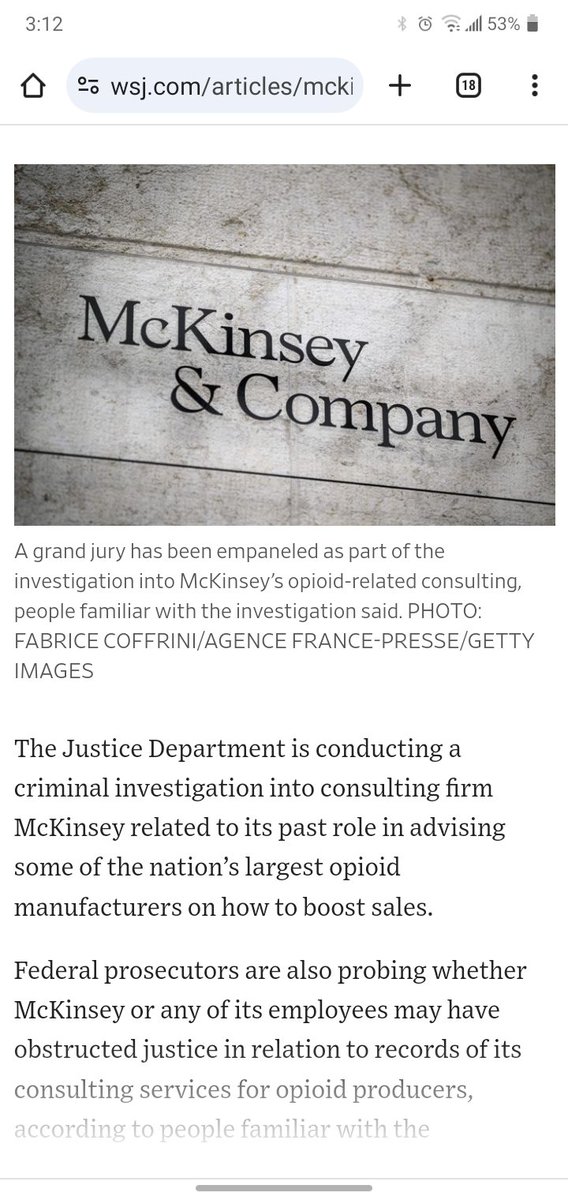 The US Justice Department is conducting a *criminal* investigation into Puerto Rico OBoard's consulting firm McKinsey related to its past role in advising opioid manufacturers on how to boost sales #muniland wsj.com/articles/mckin…