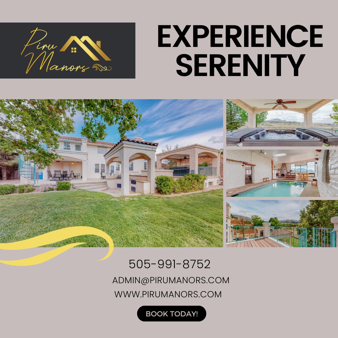 Find serenity amidst the hustle and bustle of Albuquerque with Piru Manors' tranquil rentals.📷 #TranquilRetreat #PiruManors #ShortTermRental  #CorporateHousing  #MidTermHousing

Plan your stay! ow.ly/xcaE50QTpWa
Call/Text:  505.991.8752
Email: Admin@PIRUMANORS.com