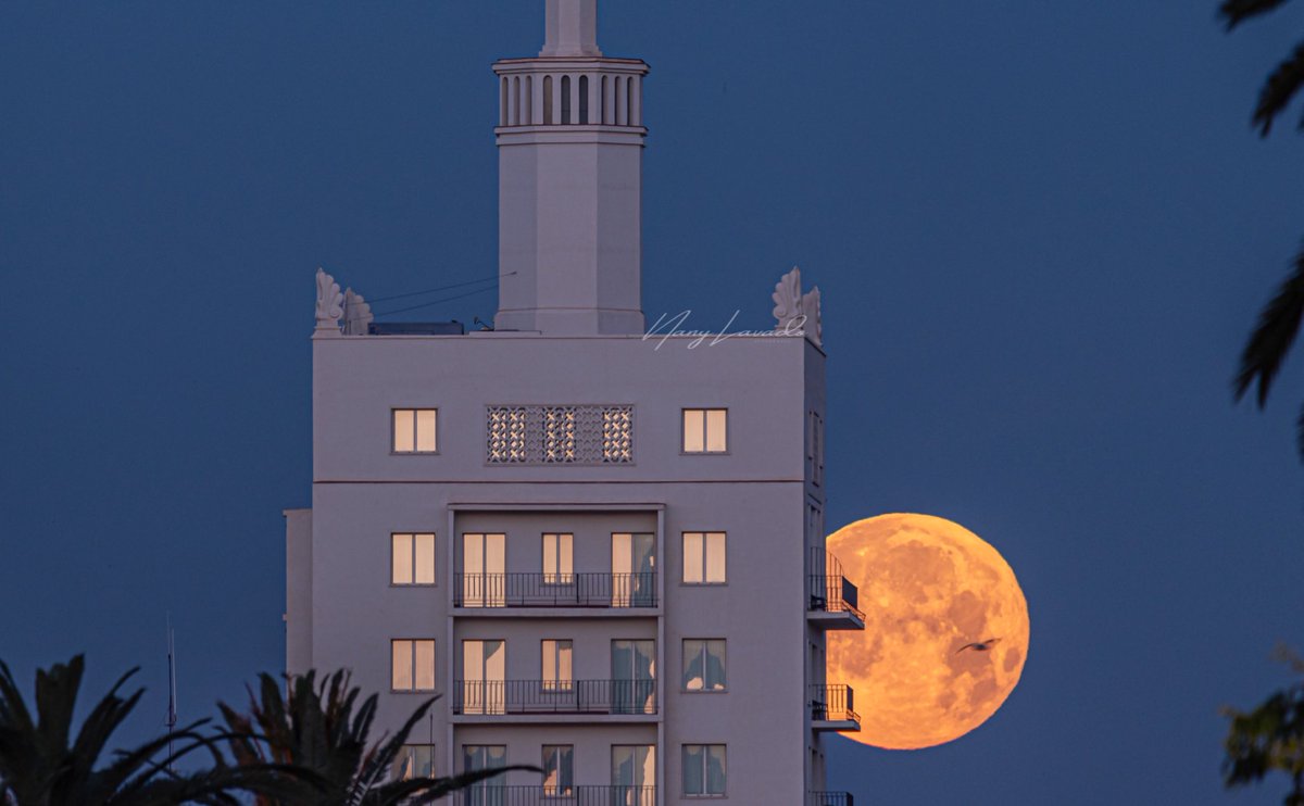 Puesta de la luna llena en la madrugada del 24/4/2024. Faltó que alguien hubiera madrugado y se hubiera asomado a ese balcón, pero ni tan mal.