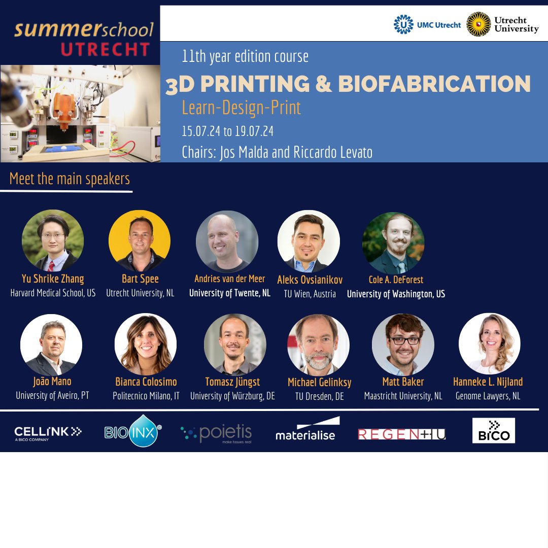 Time to unveil the 2024 #3Dprinting and #Biofabrication @utrechtsummer school! Join us in July for a week of hands-on lab sessions, meeting worldwide experts and new friends from the field of #bioprinting Registration closes July 1st: utrechtsummerschool.nl/courses/life-s… @ISBioFab @josmalda