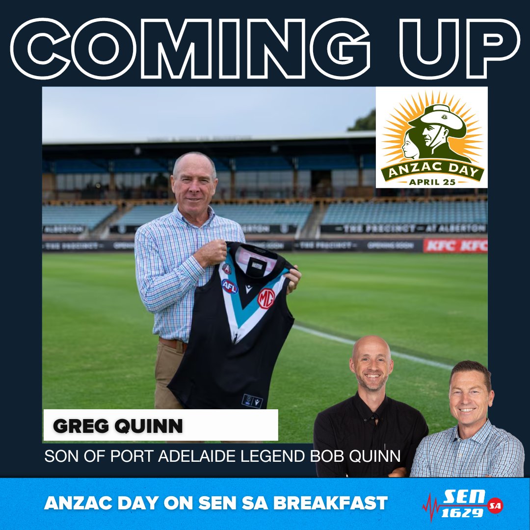 COMING UP | Greg Quinn is the son of @PAFC legend Bob Quinn. He joins @MarkBickley26 and @jarrodwalsh after 7.30am to share his father's remarkable ANZAC story. Listen: sen.com.au/listen-live-sa/ Call 1300 736 736 or text in on 0427 154