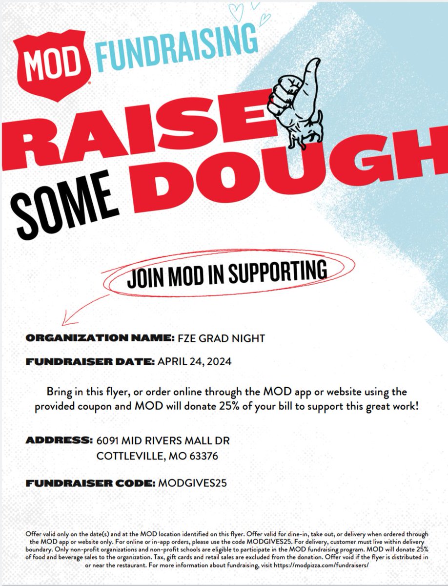 Who wants pizza?!

Show this flyer at MOD Pizza Cottleville today to have 25% of your order total go to support the FZE Lions Class of 2024. Ordering online or through the app? Use promo code "MODGIVES25"