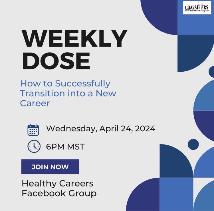 JOIN US TODAY for the Weekly Dose in the Healthy Careers Facebook Group! Tune in for, 'How to Successfully Transition into a New Career' Click the link to watch now: facebook.com/groups/2834594… #careercoach #businesscoach #hradvisor #resumeservices #goalsetterscwfd #weeklydose
