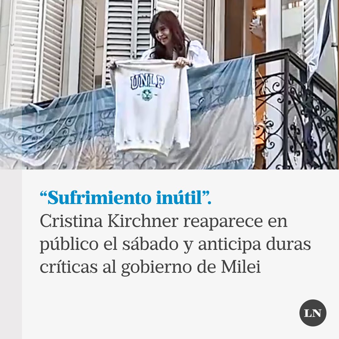 🔵 Cristina Kirchner reaparecerá públicamente el próximo sábado en un acto en Quilmes, donde está previsto que haga un discurso sobre el “experimento del anarco-capitalista” y el “sufrimiento inútil al que está siendo sometido el pueblo argentino”, según ella misma anunció esta