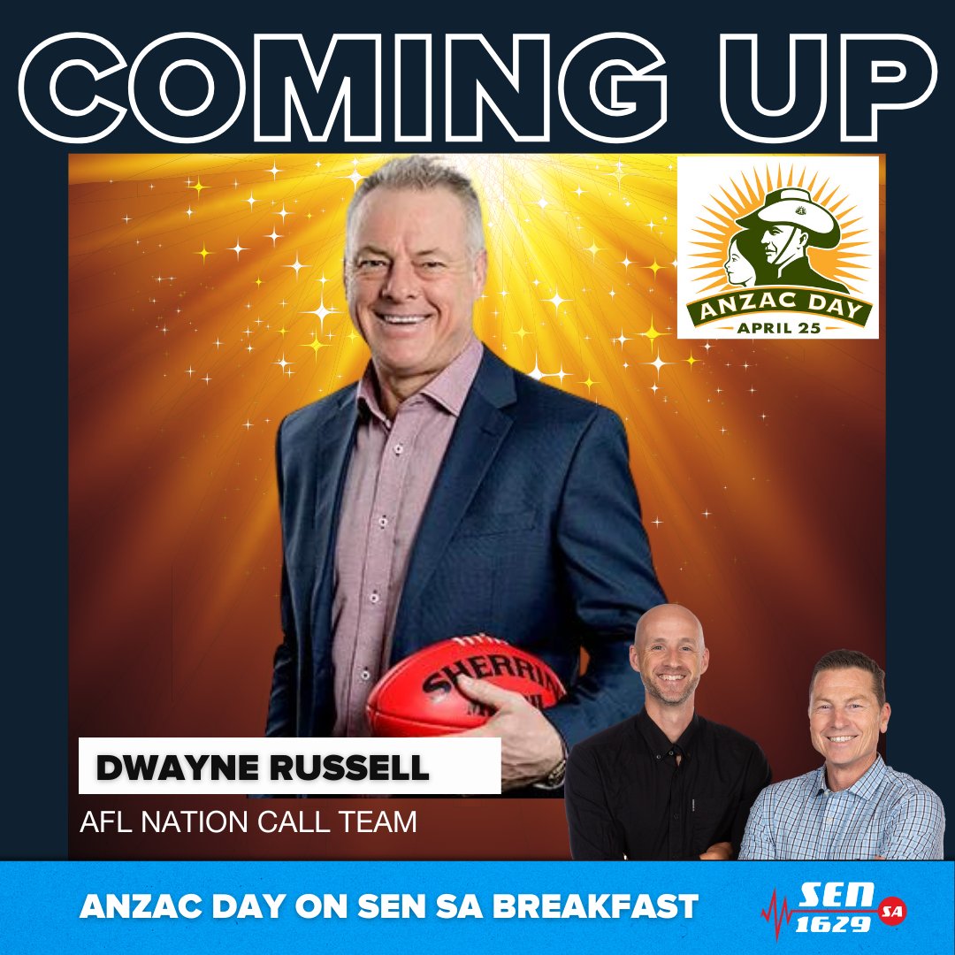 COMING UP | Host of @DwaynesWorldSEN and member of the @AFLNation call team, Dwayne Russell, joins @MarkBickley26 and @jarrodwalsh after 8am this morning. Listen: sen.com.au/listen-live-sa/ Call 1300 736 736 or text in on 0427 154