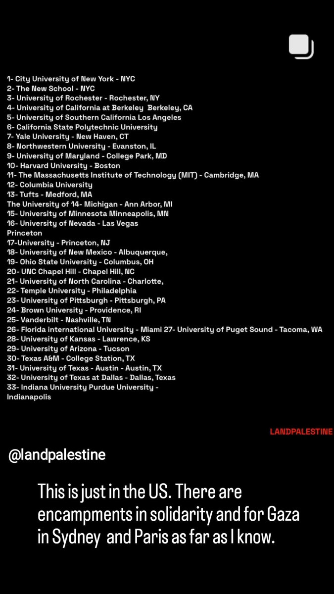 Info from @LandPalestine

33 encampments for Gaza in US universities and colleges! 🔥❤️‍🔥

These brave students deserve safety and they deserve our support. Keep an eye on the colleges as these  peaceful encampments are threatened with violence.