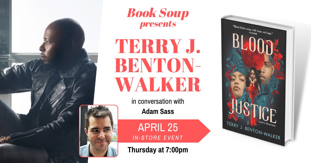 We're celebrating the release of BLOOD JUSTICE with @tjbentonwalker on Thursday night at 7pm! Terry will be in conversation with @TheAdamSass so it's going to be fun! Get more details here: booksoup.com/event/terry-j-… @torteen