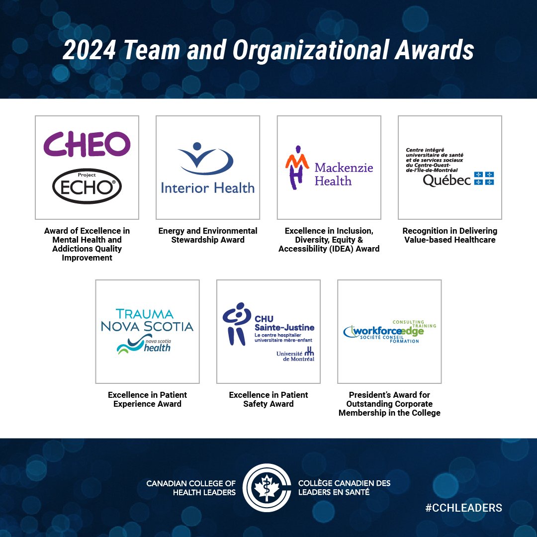 #CCHLeaders National Awards Program -Congratulations: @CHEO | @Interior_Health | @MackenzieHealth | @CIUSSS_COMTL | @HealthNS | @ChuSteJustine | @WorkforceEdge > bit.ly/2024awards_tea…

#CDNHealth #PublicHealth #Healthcare #HealthLeadership #Awards #CCHLDifferenceMaker