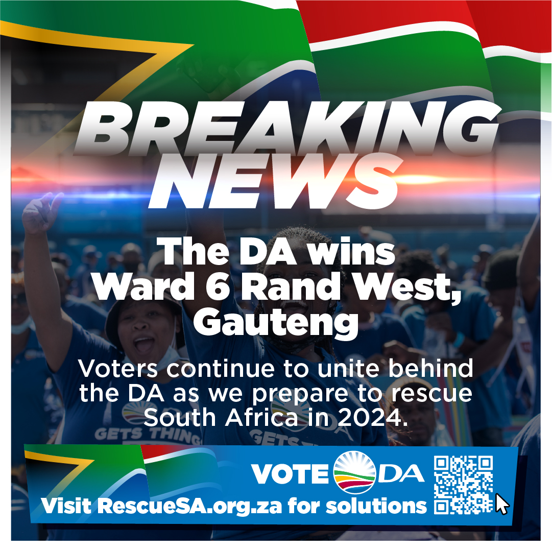 🚨 BREAKING: Gauteng is ready for a new government! The DA has just won Ward 6 in Rand West, securing 82.57% of the votes. ✅More jobs ✅End load-shedding ✅Combat crime Voters are endorsing the DA's plan to #RescueSA. Be part of this historic mission: wheretovote.da.org.za