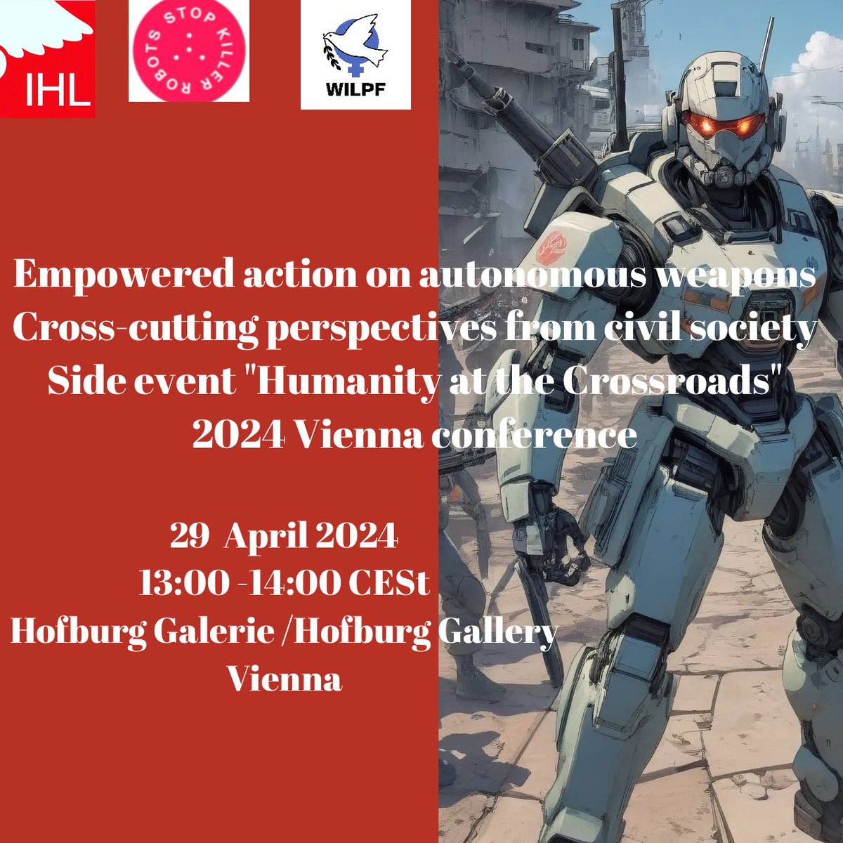 Join us in person or live at aws2024.at on 29 April at 13:00 -14:00 CET we Explore youth perspectives on the evolving landscape of autonomous weapons technology and youth role 
Co-organized by @BanKillerRobots  @RCW_ @WILPF @WILPFaustia
#AWS2024Vienna