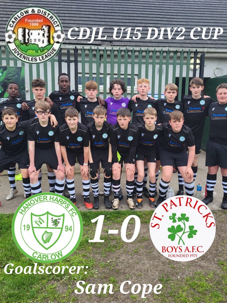 Hanover Harps u15 Div2 team advanced to the Cup semi final with a 1-0 win over St Pats this evening, well done Maurizio and squad. @FAICarlow @Pres_Carlow @cbscarlow @GCCCW1 @Carlow_Co_Co @carlowjuvsoccer @Andreadaltonm @