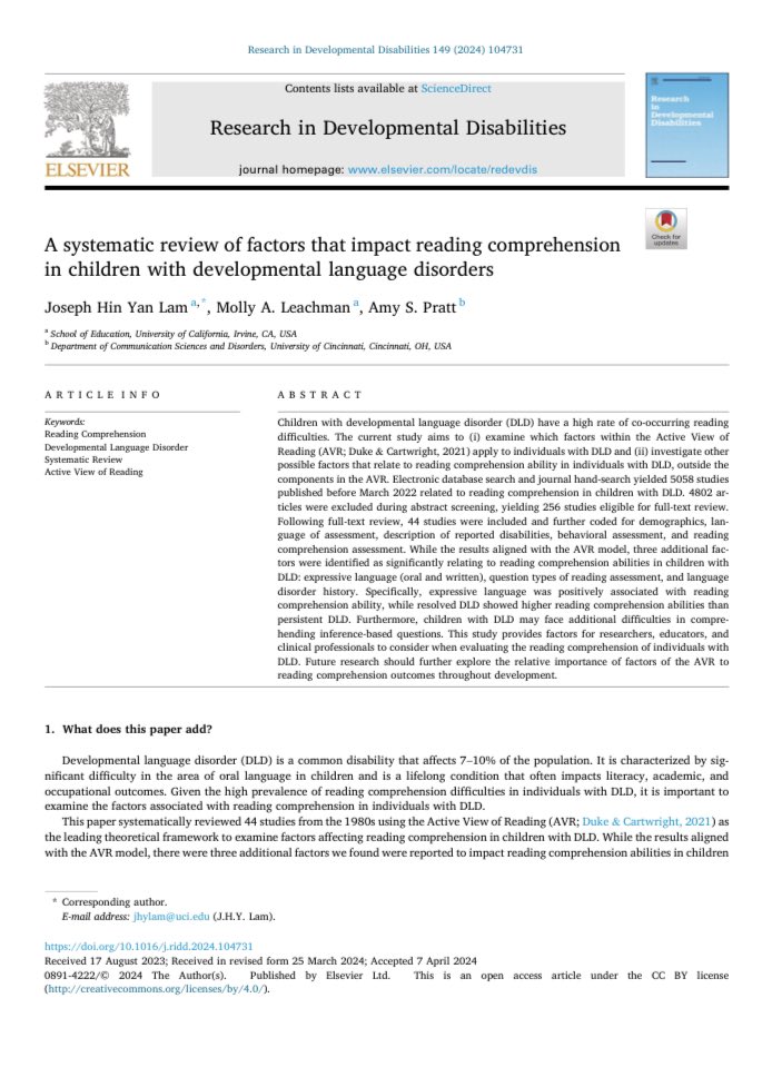 🔔New Paper!🥂 A Systematic Review of Factors that Impact Reading Comprehension in Children with Developmental Language Disorder authors.elsevier.com/sd/article/S08… Thank you UC library for making it open access!🎉 With @MollyLeachman @prattas #DLDmatters