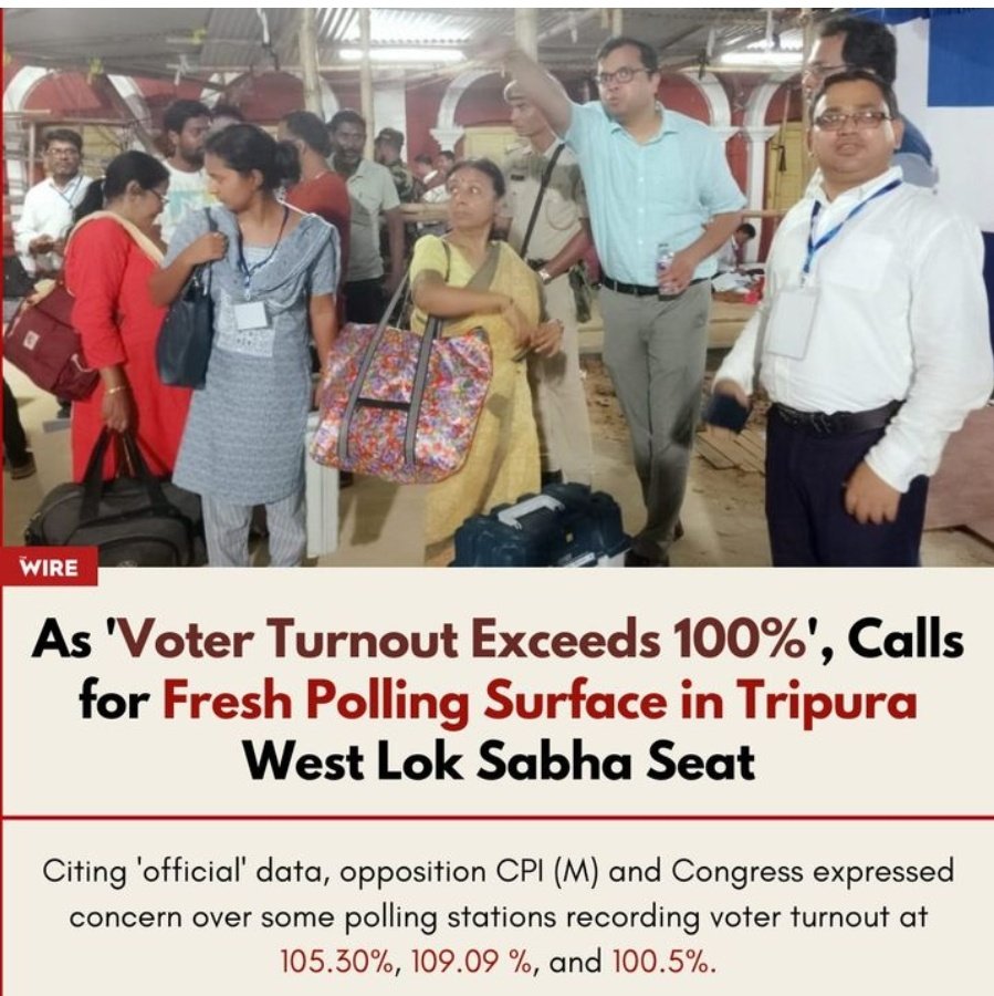 Voter turnout in Tripura turns out 105•3%, 109•9% and 100•5%
#EVM_हटाओ_लोकतंत्र_बचाओ
