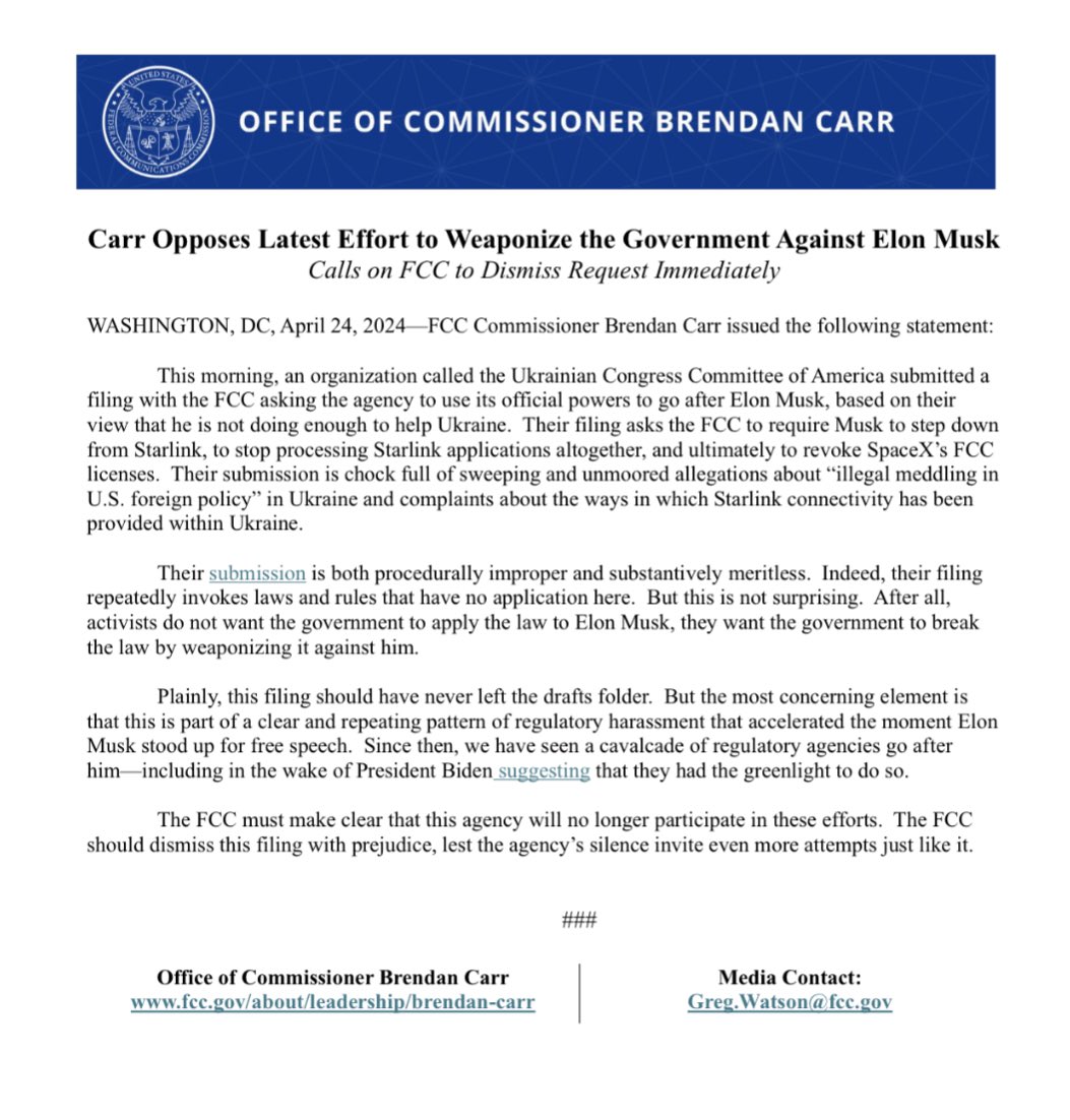 Another request for the FCC to go after Elon Musk. I oppose it. This filing is procedurally improper & substantively meritless. But that’s not surprising. Activists don’t want the government to apply the law to Musk, they want it to break the law by weaponizing it against him.