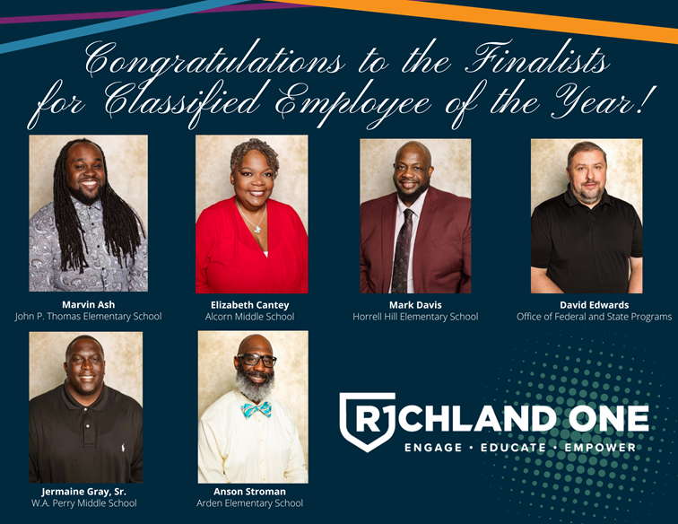 Superintendent Dr. Craig Witherspoon has announced the six finalists for 2024-2025 Richland One Classified Employee of the Year. The award winner will be announced May 10 during Celebration 2024. Please join us in congratulating all of the finalists! #TeamOne #OneTeam