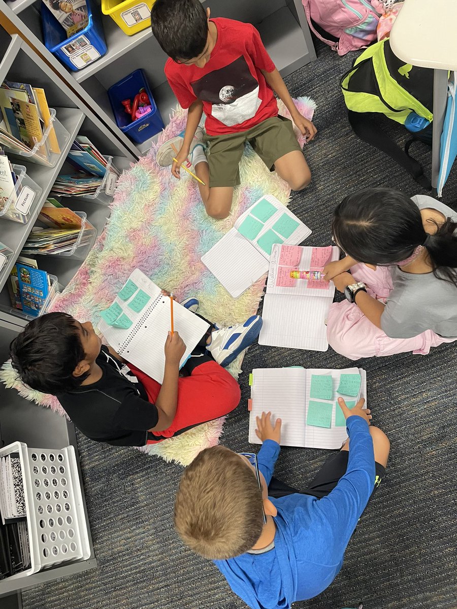 Group collaboration happening in our classroom! We love meeting and discussing our findings! 🗣️ @rennellredhawks @CFISD_ELAR2_5 #2ndToNone #WeAreRennell