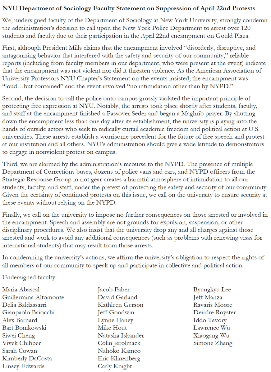 31 faculty members at NYU Sociology have signed the following letter condemning the university's repression of the campus encampment on Monday.