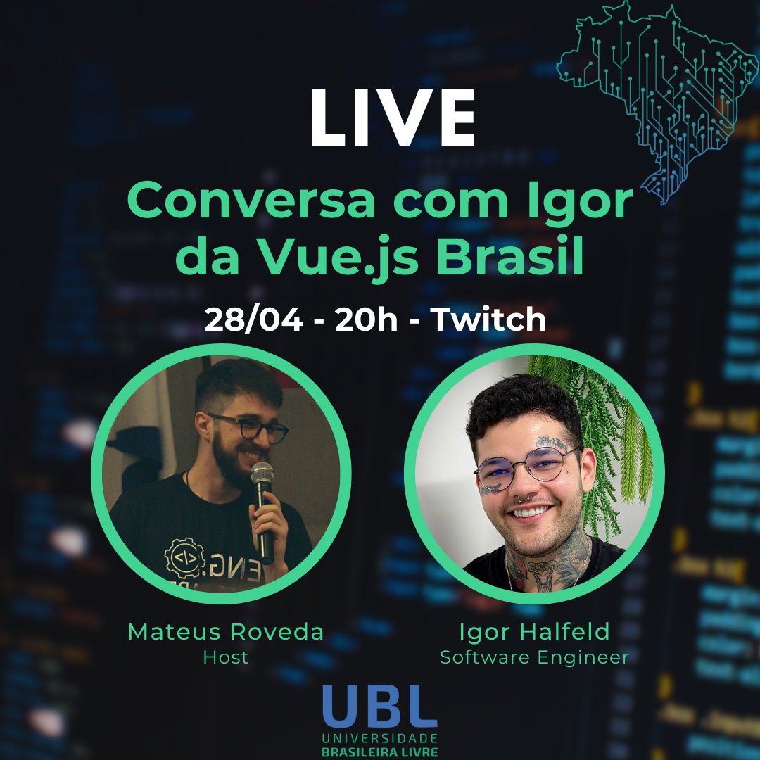 Nesse Domingo vamos ter mais uma live na <a href="/Twitch/">Twitch</a> com o <a href="/MateusRovedaa/">Mateus Roveda</a>! 🎉

Dessa vez o convidado é ninguém menos que o <a href="/igorhalfeld/">Igor ➔ extcontabilidade.com.br</a> que vai falar com nós sobre...

Adivinhem? 😂

Isso mesmo... Vue! Marca na agenda aí que é logo logo.