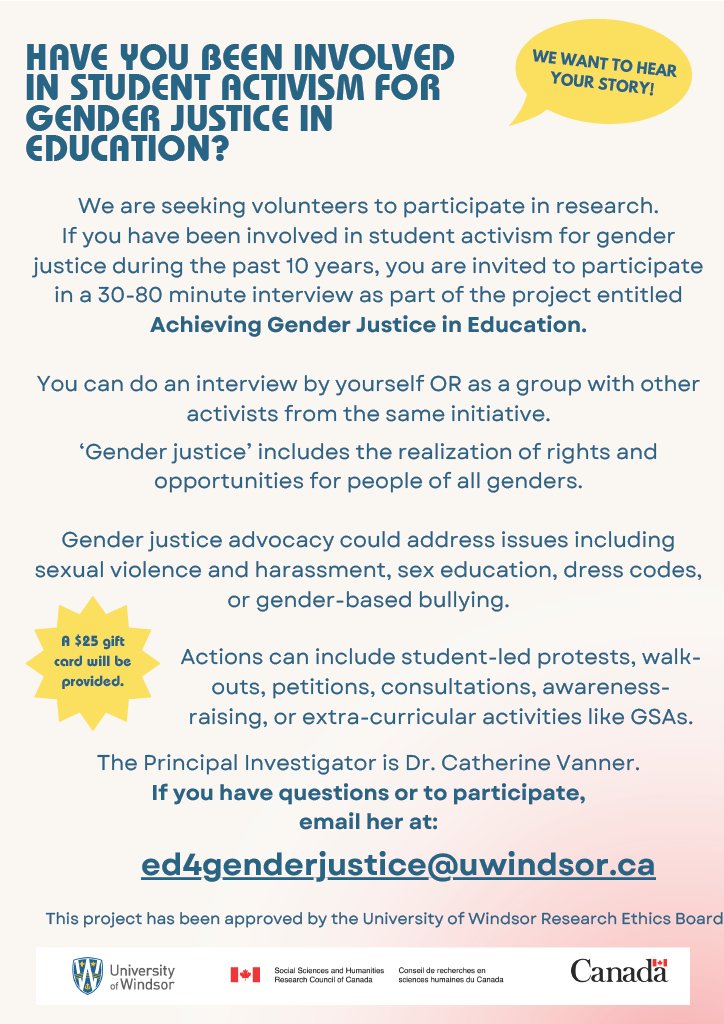 Attention high school student activists! 📢 Dive into the conversation on advocating for gender justice in education with us in a virtual interview. Check out the flyer or email ed4genderjustice@uwindsor.ca to get involved Your voice matters! #GenderJustice #EducationForAll