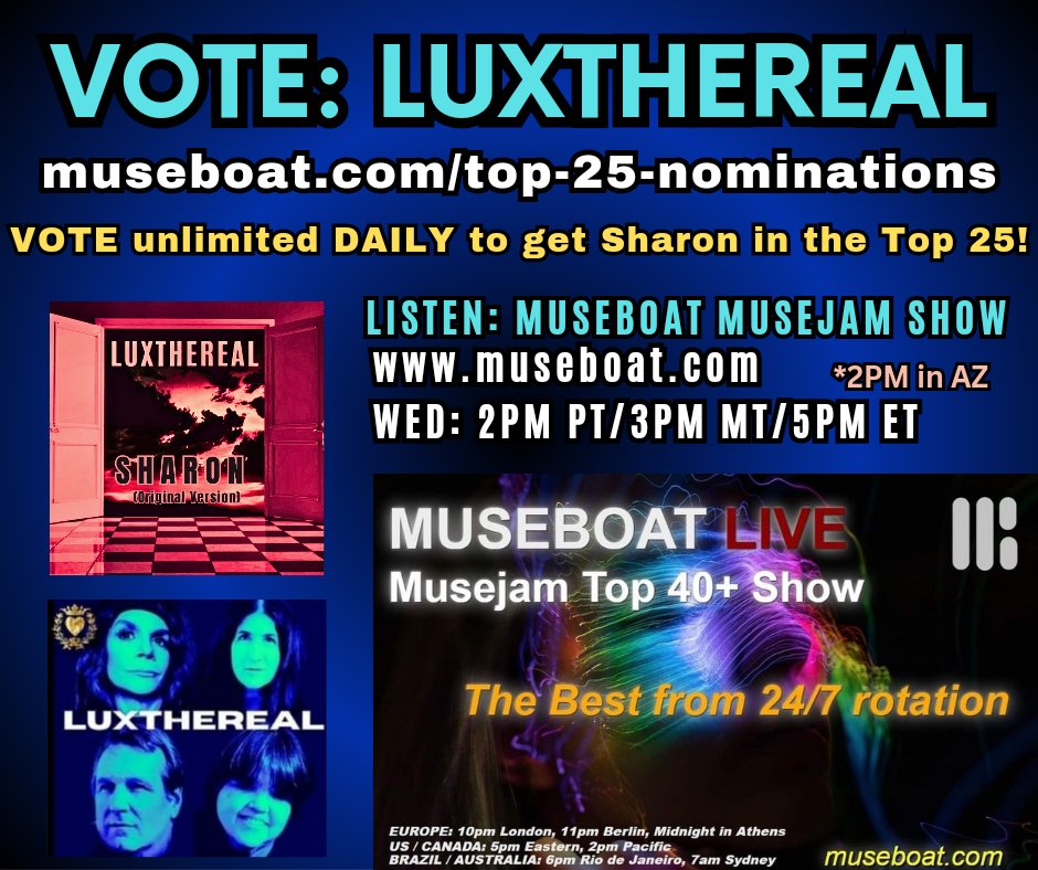 VOTE for LUXTHEREAL's Sharon for MuseBoat Top 25! museboat.com/top-25-nominat… #retweet @luxthereal1 @karentweety1974 @BlazedRTs @Know_Know44 @TWITCHPR0M0 @museboatlive @thgc_rts @TraceMess_469 @MusicBuzz14 @ITHERETWEETER1 @sweetleefmusic @getslouder #indiemusic #internetradio