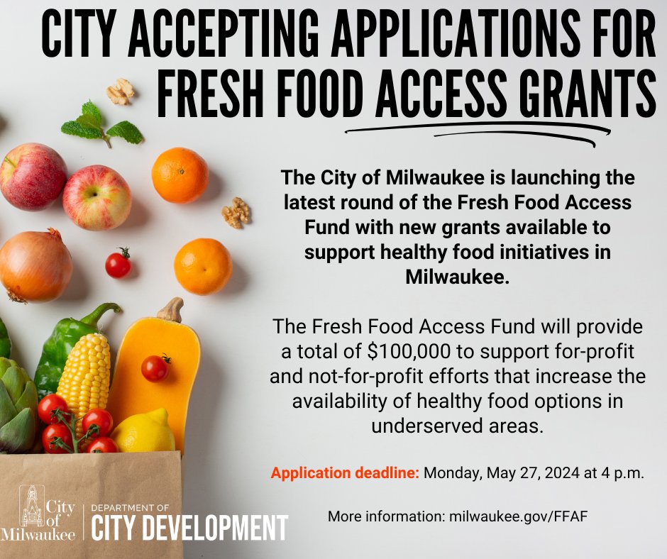 The City of Milwaukee is accepting applications for a new round of Fresh Food Access Grants. Applications must be submitted by 4 p.m. on Monday, May 27. Apply here ➡️tinyurl.com/3sx6vujc More information ➡️milwaukee.gov/FFAF