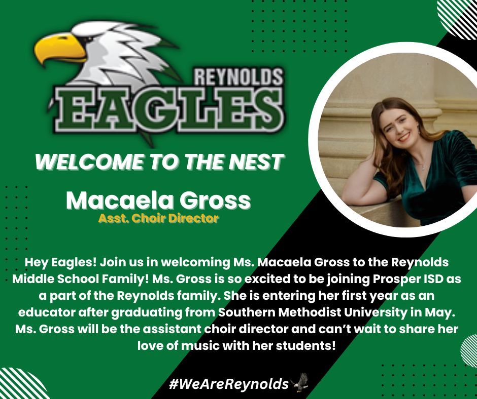 Like sweet music to our ears, it's #WelcomeWednesday again! Speaking of music, let's give a round of applause for our new Assistant Choir Director, Ms. Macaela Gross! Reynolds keeps singing the perfect notes and bringing in pitch-perfect hires! #WeAreReynolds🦅 #WelcomeToOurHouse