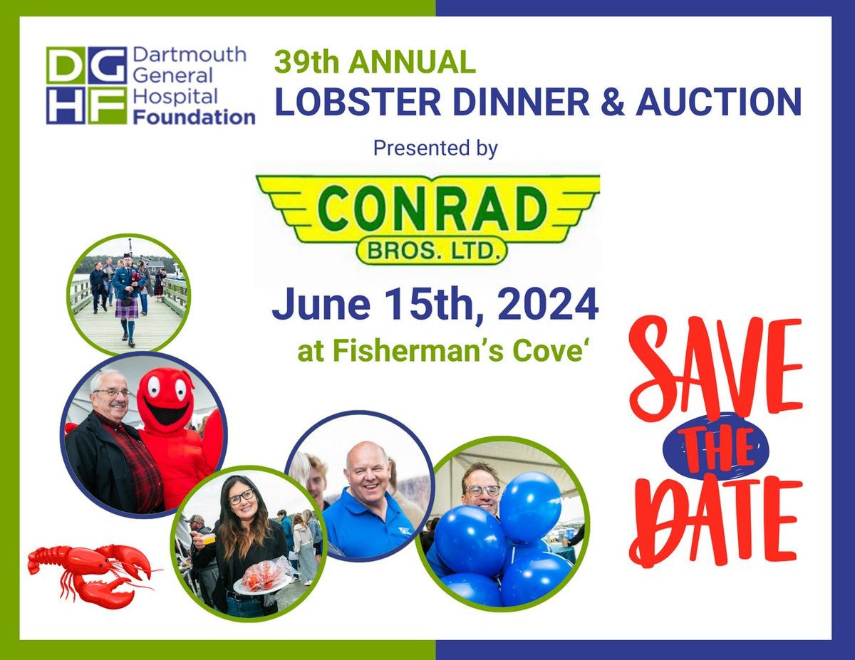 It's time to get your tickets, and to save the date for the 39th Annual Lobster Dinner and Auction, presenting by Conrad Bros. Tickets sold out early last year do don't wait! dghfoundation.ca/events/lobster/ #LobsterDinner #Dartmouth #LeadOn