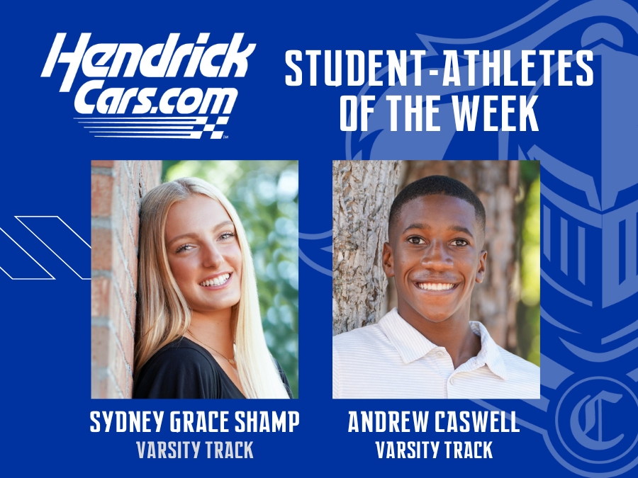 Congratulations to senior Sydney Grace and sophomore Andrew Caswell of the varsity track team, our HendrickCars.com Student-Athletes of the Week. For more information about these players, visit charlottechristian.com/athletics. #GoKnights #ccsKnights