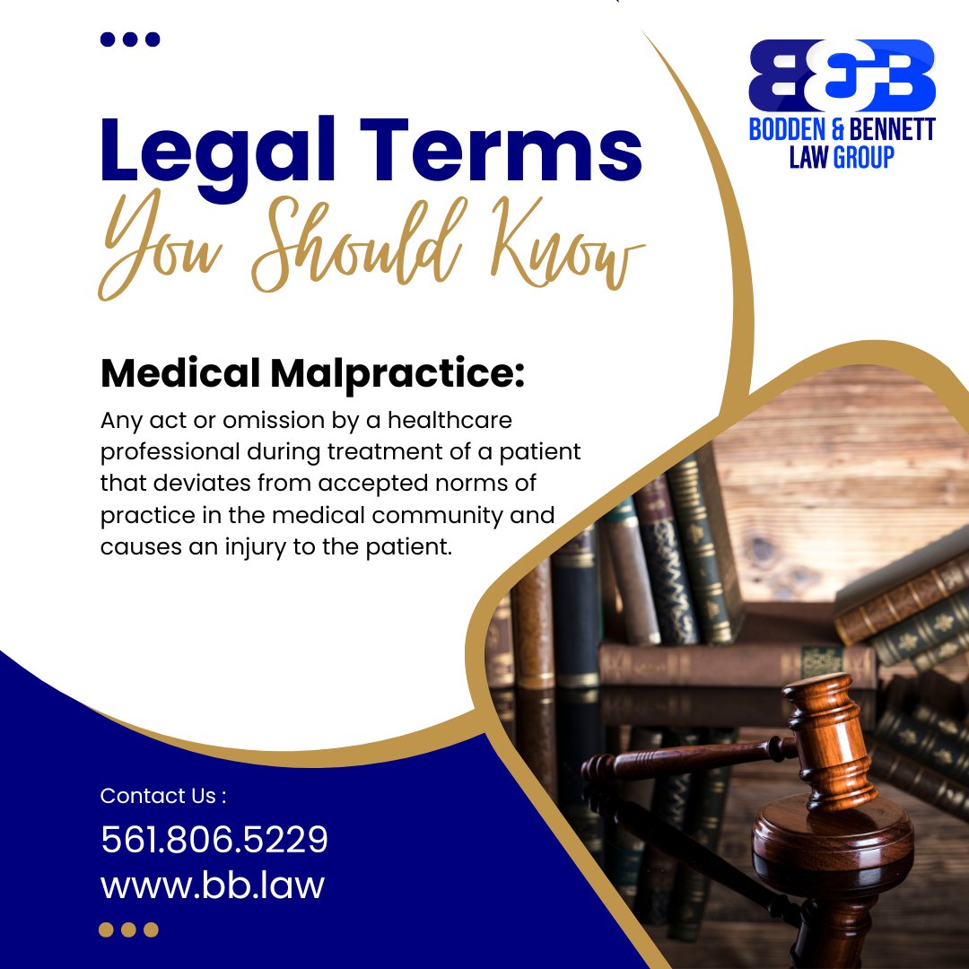 Medical Malpractice: Any act or omission by a healthcare professional during treatment of a patient that deviates from accepted norms of practice in the medical community and causes an injury to the patient.

bb.law #BBLaw #legalterms #MedicalMalpractice