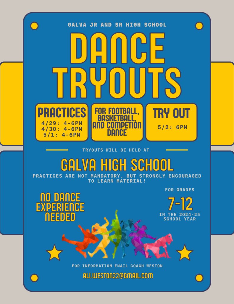 Dance tryouts are coming up. Starting April 29 for practices and May 2 is try tryouts. If you are interested in being part of a Dance Team, come check us out or email the coach. See the flyer for information.