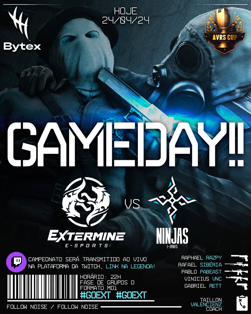 exterminesports's tweet photo. 🔥 GAMEDAY na AVRS CUP às 22h!
🐺 Extermine vs NINJAS E-sports 🥷🏻

Hoje é o dia de mostrar nossa determinação e habilidade! Vamos em busca da vitória. 🏆

🕒 Horário: 22h
🏆 AVRS Cup / @avelar_rifas
📺 https://t.co/DpCbFqZaC8

#ExtermineCS2 #Esports #bytex #goext #avrscup #cs2 https://t.co/pKh0sAzCu6