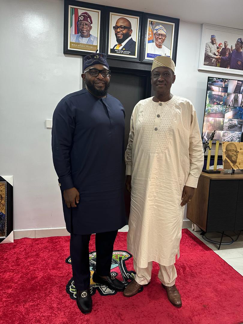 Lagos State Head of Service, Mr. Bode Agoro, exchanging pleasantry with the 16th Head of Service, Prince Adesegun Ogunlewe, during his courtesy visit to his Office at the Secretariat, Alausa, Ikeja on Wednesday 24th April, 2024.